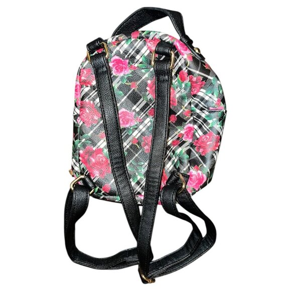 Kitschy Betsey Johnson Black Plaid Floral Puppy Dog Face Backpack Purse